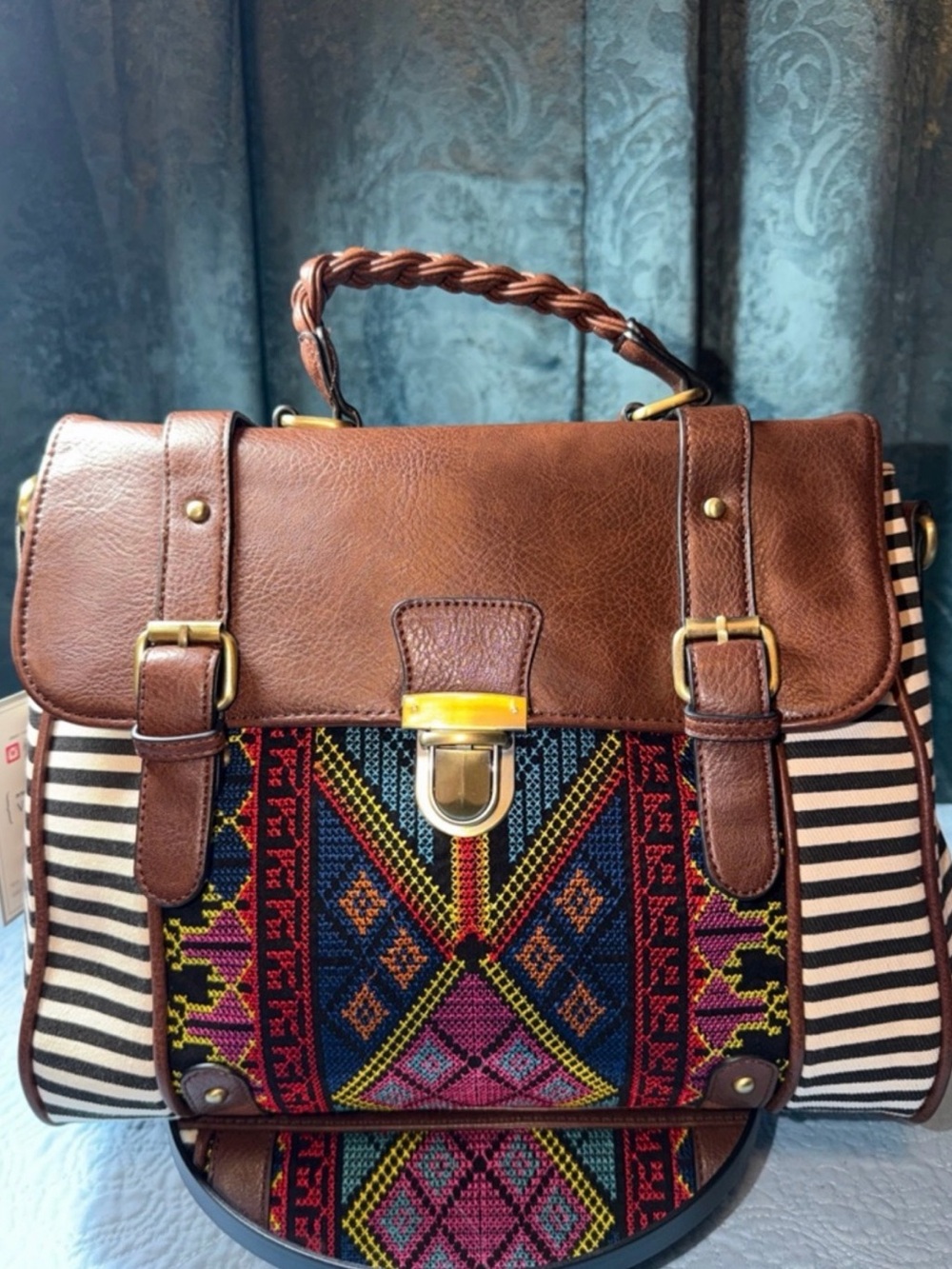 Brown Embroidered Patterned Satchel Handbag